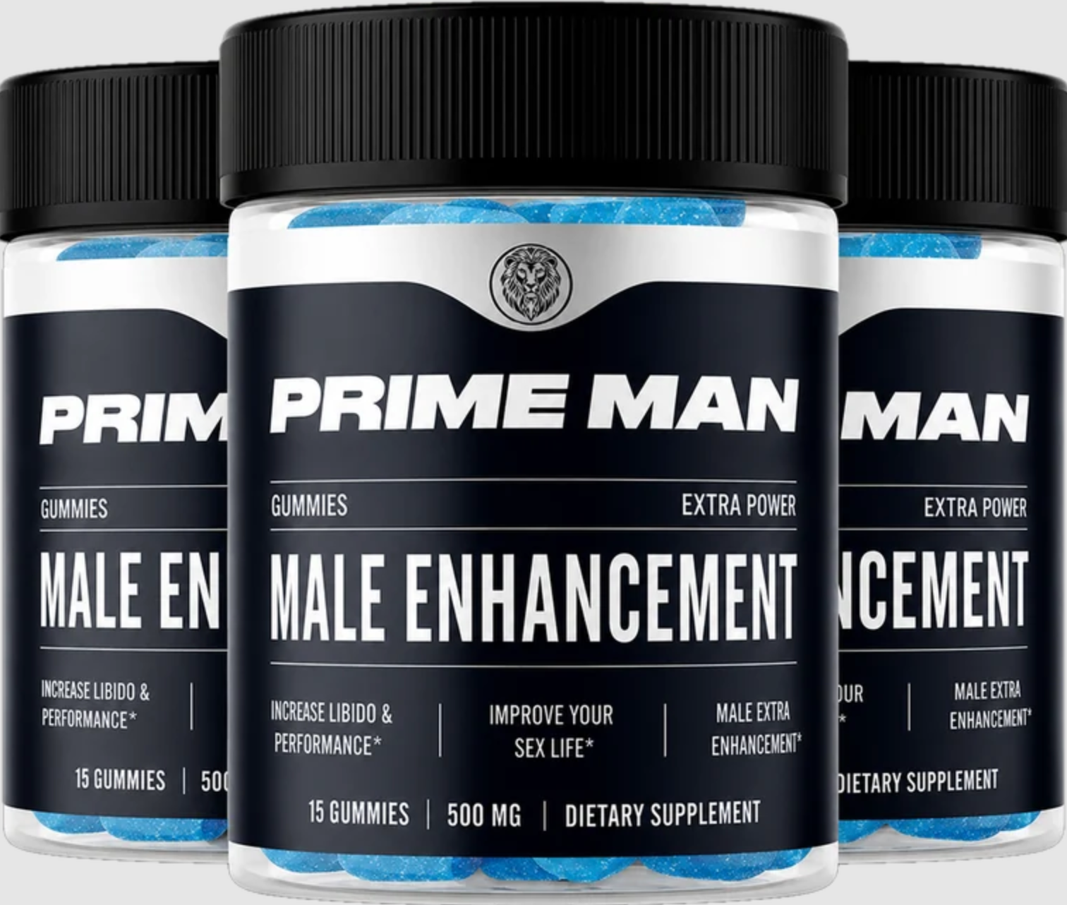 Three jars of PRIME MAN Gummies male enhancement supplement sold in Canada