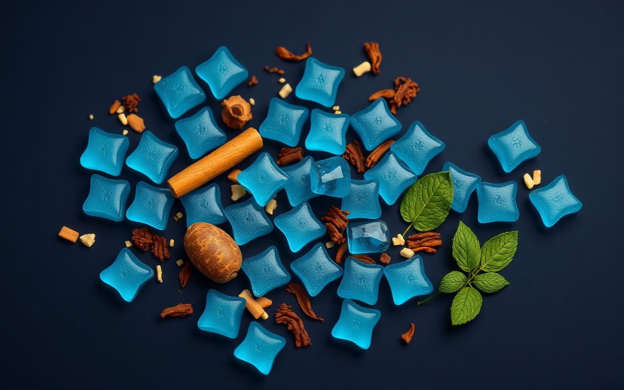 Blue PRIME MAN gummies surrounded by herbal ingredients such as ginseng root and maca